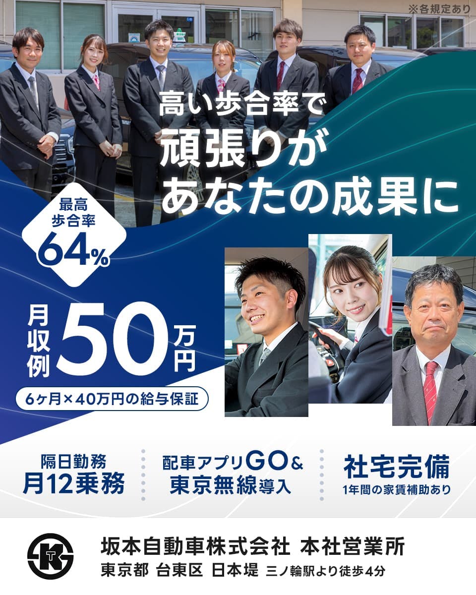 坂本自動車株式会社 高い歩合率で 頑張りがあなたの成果に 最高歩合率64パーセント 月収例50万円 6か月 40万円の給与保証 確実勤務 月12乗務 配車アプリGOアンド東京無線導入 社宅完備 1年間の家賃補助あり KT 坂本自動車株式会社 本社営業所 東京都台東区日本堤 三ノ輪駅より徒歩4分