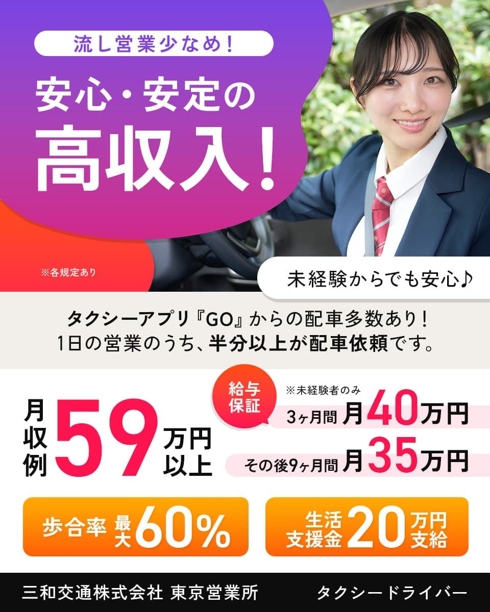 三和交通株式会社　東京営業所　流し営業少なめ！　安心・安定の高収入！　月収例59万円以上　給与保証※未経験者のみ　3ヶ月間月40万円　その後9ヶ月間月35万円　未経験からでも安心　タクシーアプリGOからの配車多数あり！　1日の営業のうち、半分以上が配車依頼です。　歩合率最大60％　※各規定あり　生活支援金20万円支給　タクシードライバー