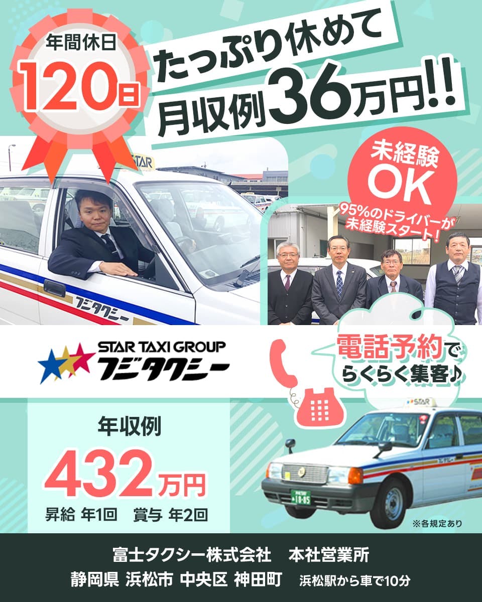 富士タクシー株式会社 年間休日120日 たっぷり休めて月収例36万円!! STARTAXIGROUP フジタクシー 未経験OK 95パーセントのドライバーが未経験スタート 電話予約でらくらく集客♪ 年収例432万円 昇給年1回 賞与年2回 ※各規定あり 本社営業所 静岡県浜松市中央区神田町 浜松駅から車で10分