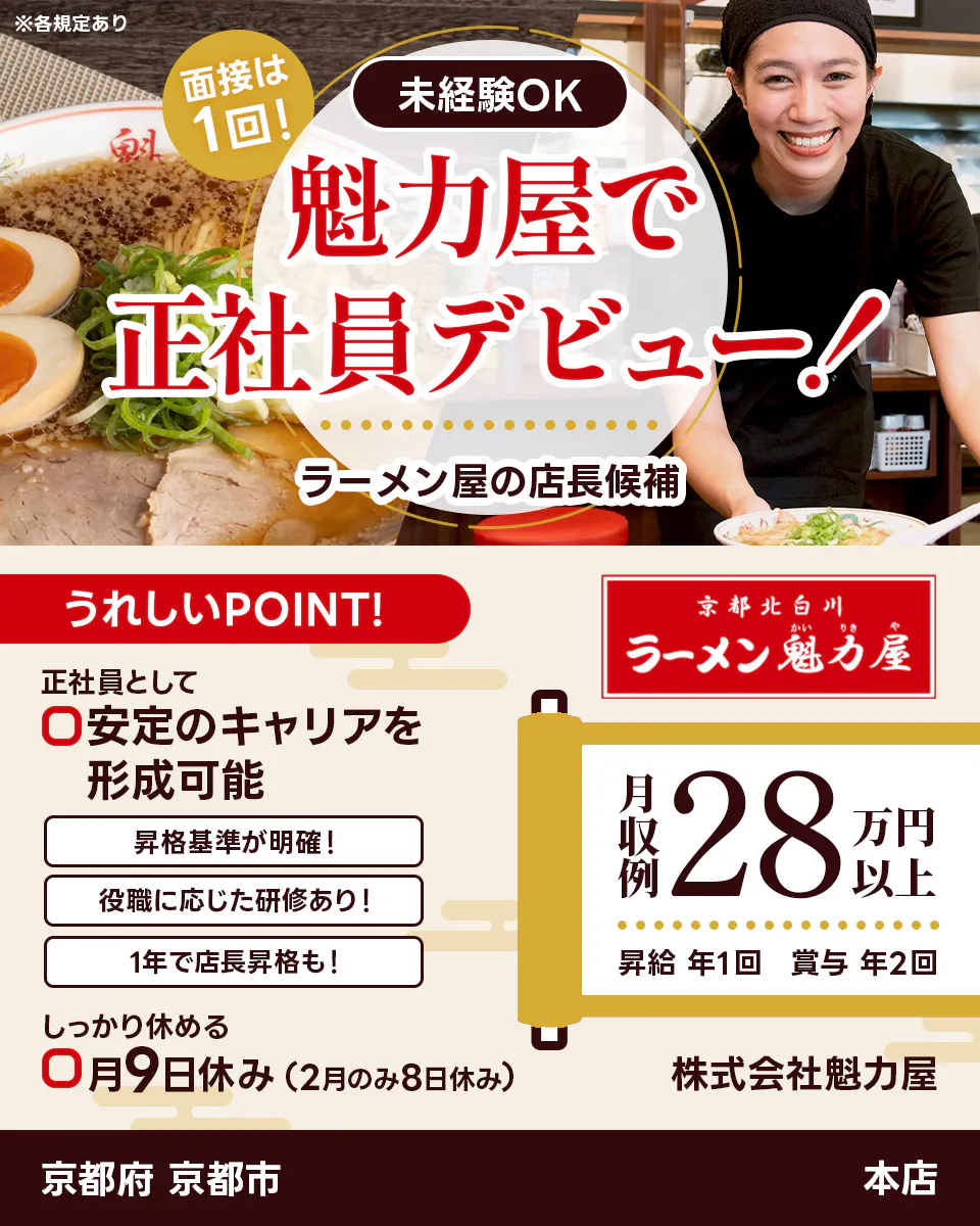 株式会社魁力屋 面接は1回 未経験OK 魁力屋で正社員デビュー ラーメン店の店長候補 うれしいポイント 正社員として安定のキャリアを形成可能 昇格基準が明確 役職に応じた研修あり 1年で店長昇格も しっかり休める 月9日休み(2月のみ8日休み) 京都北白川 月収例28万円以上 昇給年1回 賞与年2回 株式会社魁力屋 ※各規定あり本店京都府京都市