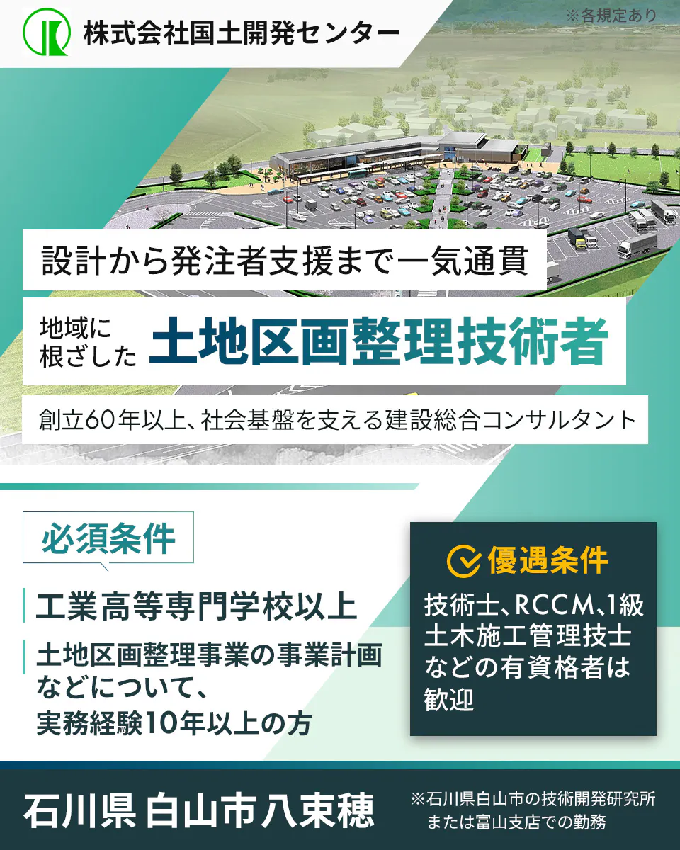 株式会社国土開発センター 暮らしを守る 土地区画整理技術者を募集 創立60年以上、社会基盤を支える建設総合コンサルタント 必須条件 工業高等専門学校以上 土地区画整理事業の事業計画などについて、実務経験10年以上の方 優遇条件 技術士、RCCM、1級土木施工管理技士などの有資格者は歓迎 石川県白山市八束穂 ※石川県白山市の技術開発研究所または富山支店での勤務 ※各規定あり