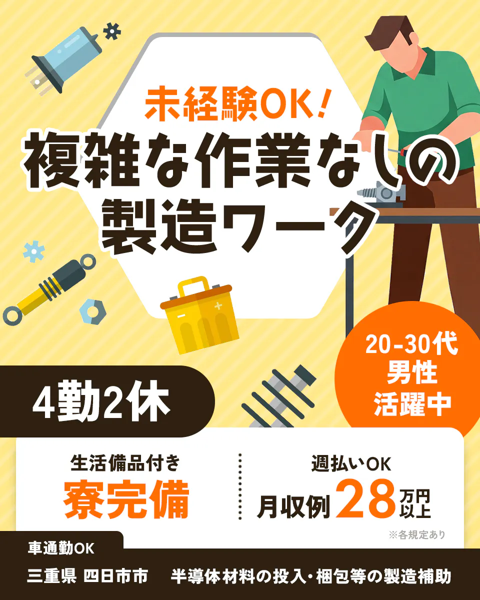 日研トータルソーシング株式会社 未経験OK! 複雑な作業なしの製造ワーク 半導体材料の納入・梱包等の製造補助 20-30代 d南西活躍中 生活備品付き 寮完備 月収例28万円以上 4勤2休 週払いOK 車通勤OK 三重県 四日市市 ※各規定あり