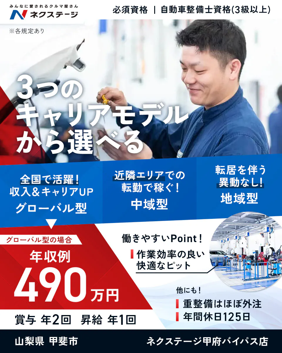 株式会社ネクステージ　みんなに愛されるクルマ屋さん ネクステージ 必須資格｜自動車整備士資格（3級以上） ※各規定あり　3つのキャリアモデルから選べる　全国で活躍！収入＆キャリアUP　グローバル型　近隣エリアでの転勤で稼ぐ！　中域型　転居を伴う異動なし！　地域型　グローバル型の場合　年収例490万円　賞与年2回　昇給年1回　働きやすいPoint！　作業効率の良い快適なピット　他にも！　重整備はほぼ外注　年間休日125日　ネクステージ甲府バイパス店　山梨県　甲斐市