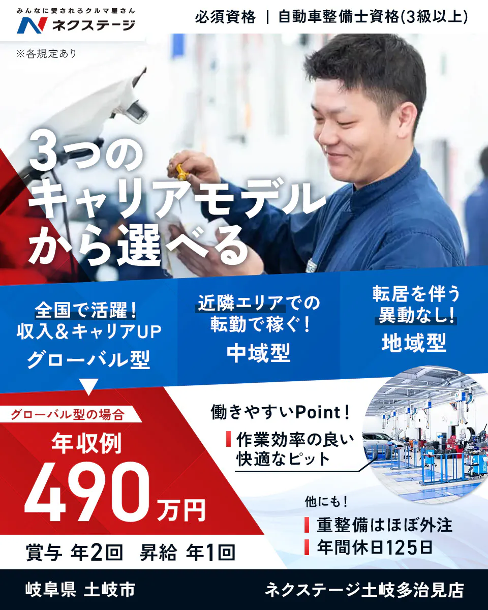 株式会社ネクステージ　みんなに愛されるクルマ屋さん ネクステージ 必須資格｜自動車整備士資格（3級以上） ※各規定あり　3つのキャリアモデルから選べる　全国で活躍！収入＆キャリアUP　グローバル型　近隣エリアでの転勤で稼ぐ！　中域型　転居を伴う異動なし！　地域型　グローバル型の場合　年収例490万円　賞与年2回　昇給年1回　働きやすいPoint！　作業効率の良い快適なピット　他にも！　重整備はほぼ外注　年間休日125日　ネクステージ土岐多治見店　岐阜県　土岐市