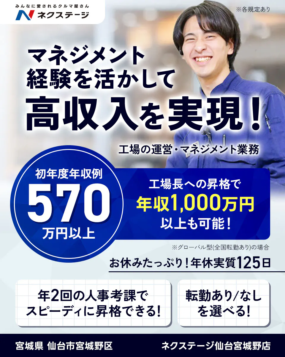 株式会社ネクステージ  マネジメント経験を活かして高収入を実現！ 工場の運営・マネジメント業務 福岡県 大野城市 SUV LAND福岡 ネクステージ 工場長への昇格で年収1,000万円以上も可能！ 初年度年収例 570万円以上 ※グローバル型（全国転勤あり）の場合 ※各規定あり 宮城県仙台市宮城野区 ネクステージ仙台宮城野店