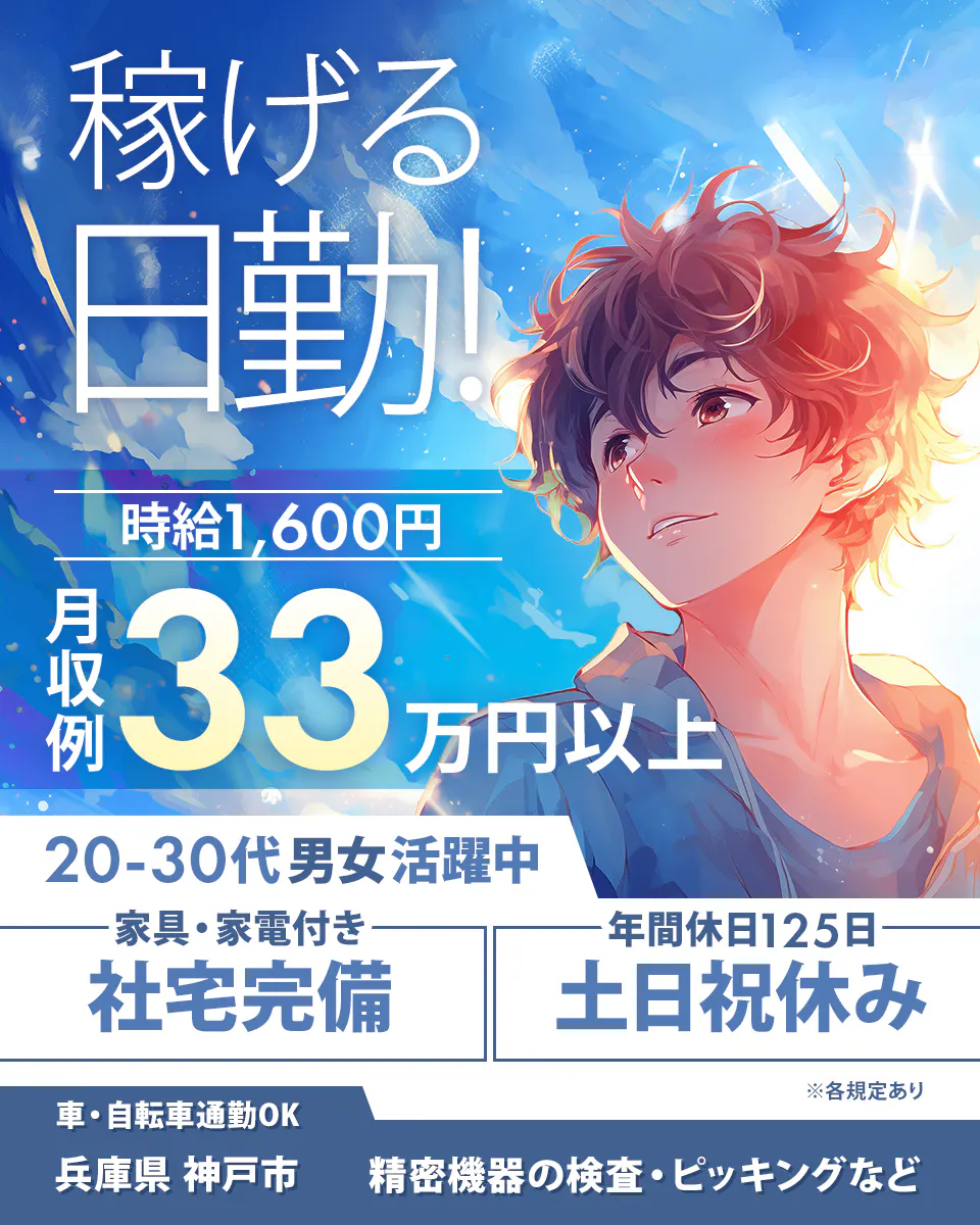 フジアルテ株式会社 稼げる日勤 時給1600円 月収例33万円以上 20−30代男女活躍中 家具家電付き社宅完備 年間休日125日 土日祝休み ※各規定あり 車自転車通勤ok 兵庫県神戸市 精密機器の検査・ピッキングなど