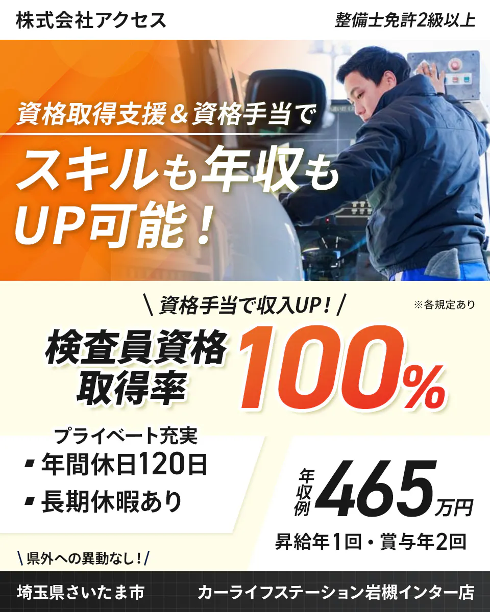株式会社アクセス　整備士免許2級以上 資格取得支援＆資格手当で スキルも年収も UP可能！ ＼資格手当で収入UP！／ ※各規定あり 検査員資格取得率 100％ プライベート充実 年間休日120日 長期休暇あり 年収例 465万円 昇給年1回・賞与年2回 ＼県外への異動なし！／ 埼玉県さいたま市 カーライフステーション岩槻インター店