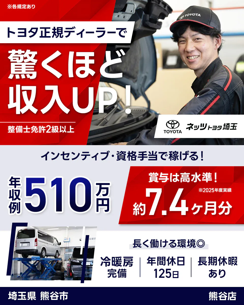 ネッツトヨタ埼玉株式会社　※各規定あり トヨタ正規ディーラーで 驚くほど 収入UP! 整備士免許2級以上 TOYOTA ネッツトヨタ埼玉 インセンティブ・資格手当で稼げる! 年収例 510万円 賞与は高水準! ※2025年度実績 約7.4ヶ月分 長く働ける環境◎ 冷暖房完備 年間休日125日 長期休暇あり 埼玉県 熊谷市 熊谷店