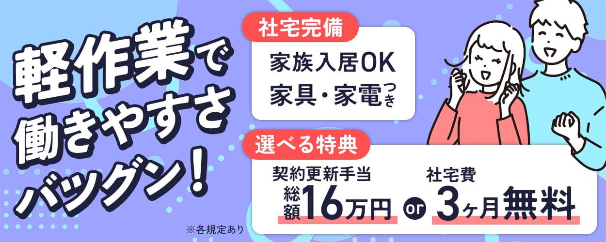 株式会社イカイ　九州事業部　軽作業で働きやすさバツグン！　選べる特典｜契約更新手当総額16万円or社宅費3ヶ月無料　社宅完備｜家族入居OK　家具・家電つき　月収例26万円以上　20-30代男女活躍中　佐賀県佐賀市　LEDヘッドライトの製造　※各規定あり