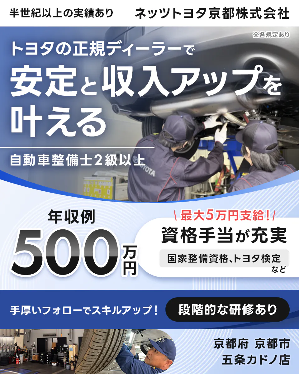 ネッツトヨタ京都株式会社　半世紀以上の実績あり ネッツトヨタ京都株式会社　 ※各規定あり　 トヨタの正規ディーラーで 安定と収入アップを 叶える　 自動車整備士2級以上 　年収例 500万円 　最大5万円支給!　資格手当が充実 　国家整備資格、トヨタ検定など 手厚いフォローでスキルアップ! 　段階的な研修あり 　京都府 京都市　 五条カドノ店