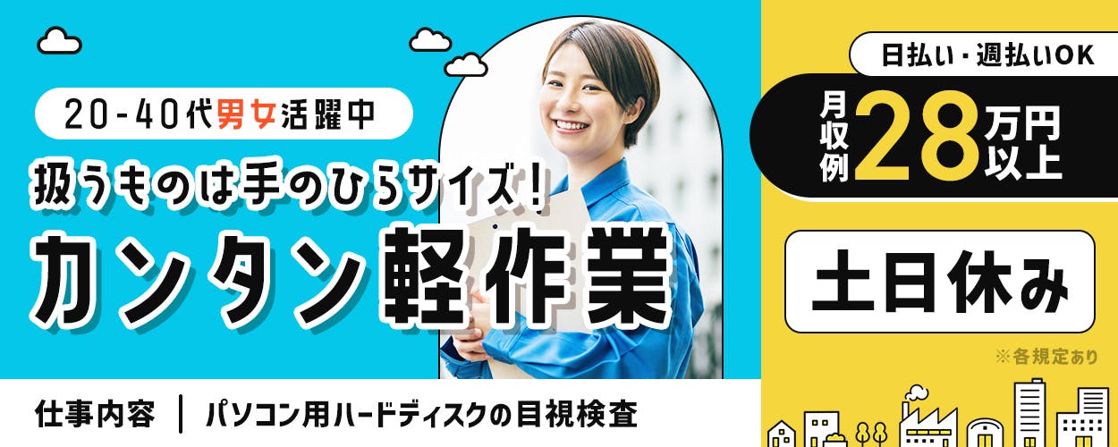 エヌエス・テック株式会社　扱うものは手のひらサイズ！カンタン軽作業　20-40代男女活躍中　日払い・週払いOK　月収例28万円以上　土日休み　社宅完備　車・バイク通勤OK　栃木県日光市　パソコン用ハードディスクの目視検査　※各規定あり