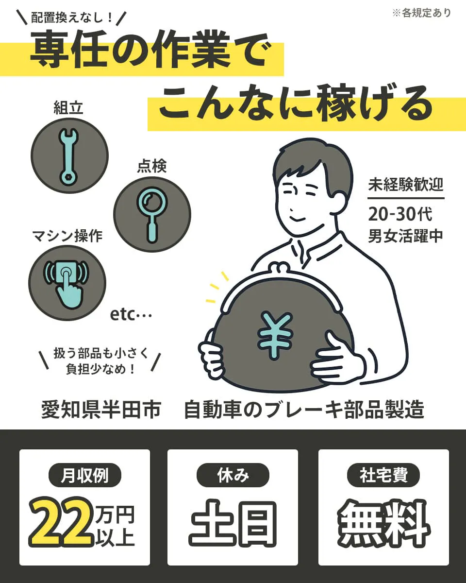 エヌエス・テック株式会社 配置換えなし!専任の作業でこんなに稼げる 組立・点検・マシン操作 etc・・・ 未経験歓迎 20-30代男女活躍中 扱う部品も小さく負担少なめ! 愛知県半田市 自動車ブレーキの部品製造 月収例22万円以上 休み 土日 社宅費 無料 ※各規定あり