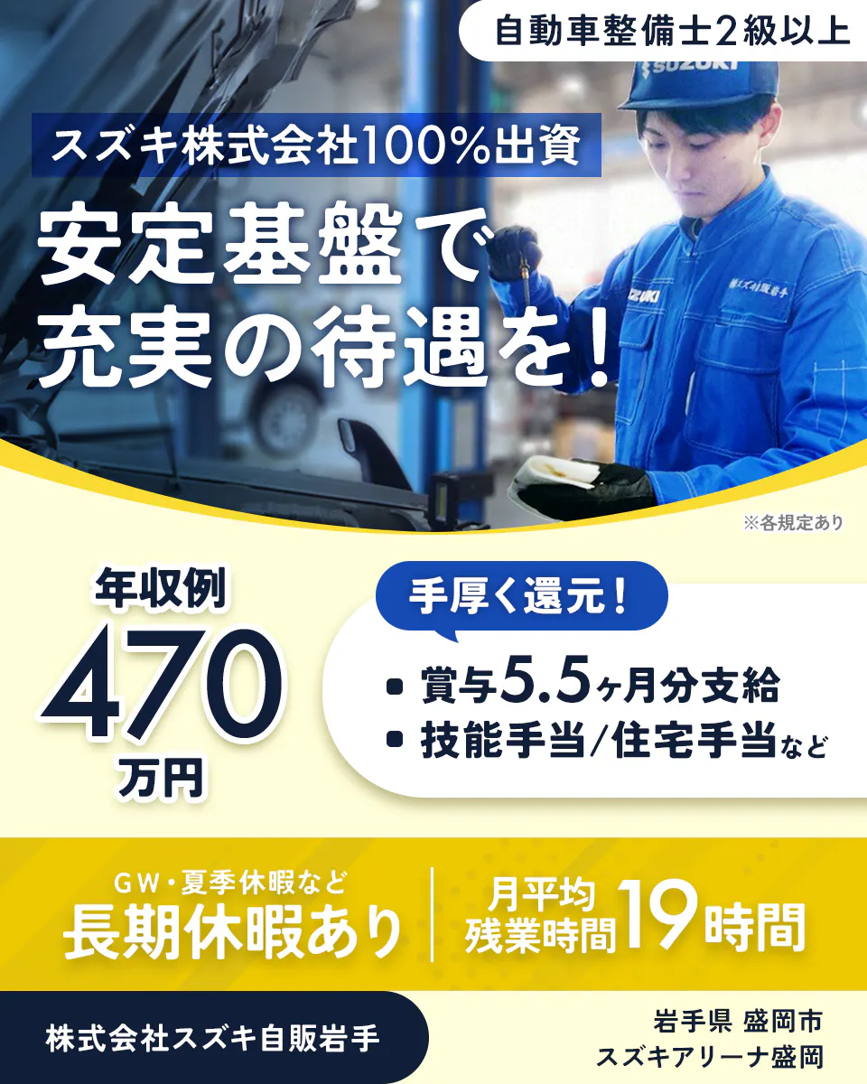 株式会社スズキ自販岩手 自動車整備士2級以上 スズキ株式会社100%出資 安定基盤で 充実の待遇を! ※各規定あり 年収例 470 万円 手厚く還元! ・賞与5.5ヶ月分支給 ・技能手当/住宅手当など GW・夏季休暇など 長期休暇あり 月平均残業時間 19時間 株式会社スズキ自販岩手 岩手県 盛岡市 スズキアリーナ盛岡