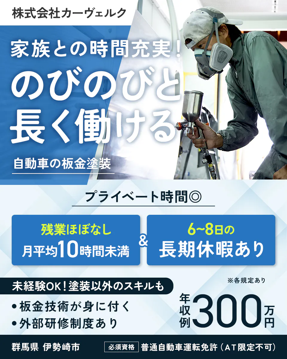 株式会社カーヴェルク 家族との時間充実！ のびのびと 長く働ける 自動車の板金塗装 プライベート時間◎ 残業ほぼなし 月平均10時間未満 & 6〜8日の長期休暇あり 未経験OK！塗装以外のスキルも •板金技術が身に付く •外部研修制度あり ※各規定あり 年収例 300万円 群馬県 伊勢崎市 必須資格 普通自動車運転免許（AT限定不可）