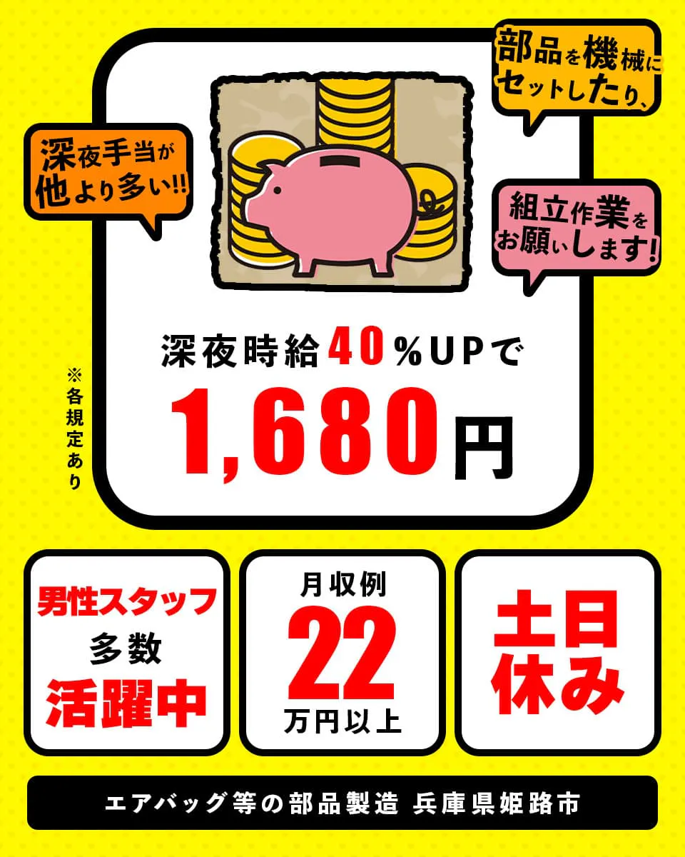 株式会社日本ケイテム　部品を機械にセットしたり、　組立作業をお願いします！　深夜手当が他より多い！！　深夜時給40％UPで1,680円　※各規定あり　男性スタッフ多数活躍中　月収例22万円以上　土日休み　エアバッグ等の部品製造　兵庫県姫路市