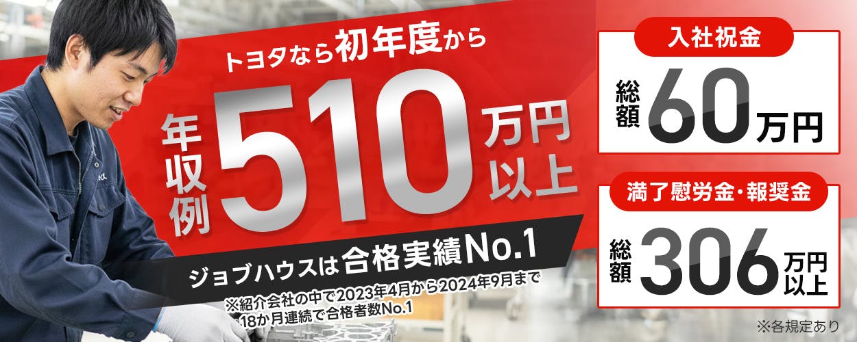 トヨタ自動車株式会社 トヨタなら初年度から 年収例510万円以上 ジョブハウスは合格実績No.1 ※紹介会社の中で2023年4月から 2024年9月まで18か月連続で 合格者数No.1 入社祝金 総額60万円 満了慰労金・報酬金 総額306万円以上 ※各規定あり
