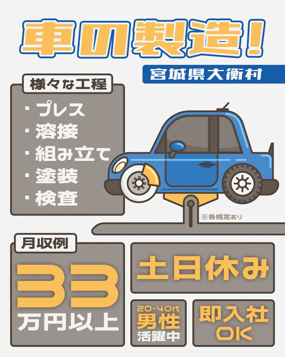 UTエイム株式会社 ﾓｰﾀｰ･ｴﾅｼﾞｰ事業部門　車の製造！　土日休み　月収例３３万円以上　　様々な工程　・プレス　・溶接　・組み立て　・塗装　・検査　20～40代　男性活躍中　即入社OK　※各規定あり