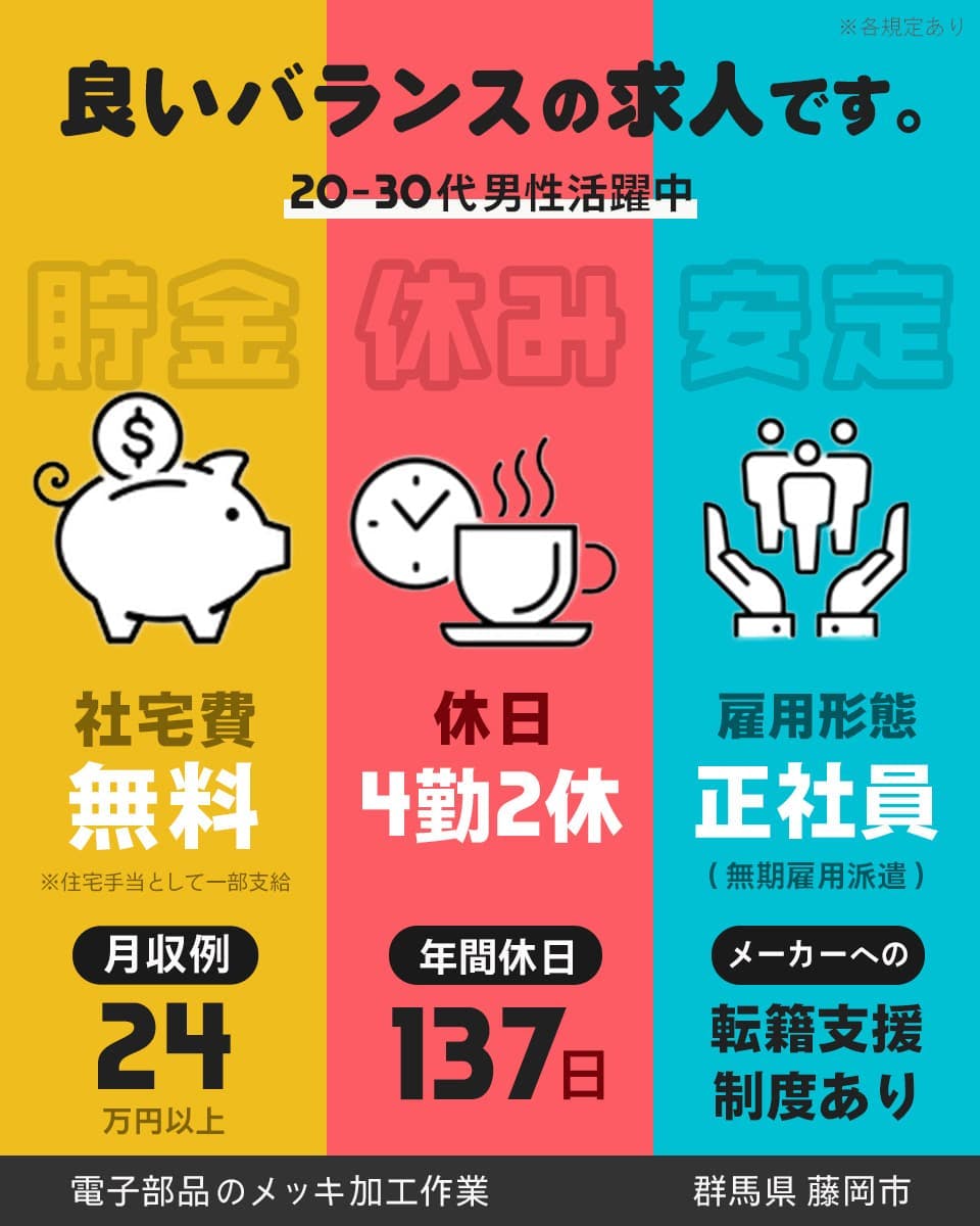UTエイム株式会社 セミコンダクター第五 いいバランスの求人です。 20ー30代男性活躍中 社宅費無料 ※住宅手当として一部支給 月収例24万円以上 休日4勤2休 年間休日137日 雇用形態し社員(無期雇用派遣) メーカーへの転籍支援あり ※各規定あり 電子部品のメッキ加工作業 群馬県藤岡市