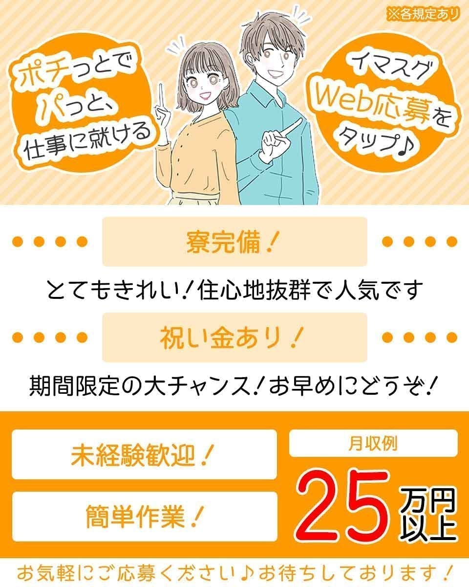 【入社祝金3万円付】軽量な自動車用配線コードの組付、検査作業≪20～40代男女多数活躍中!≫