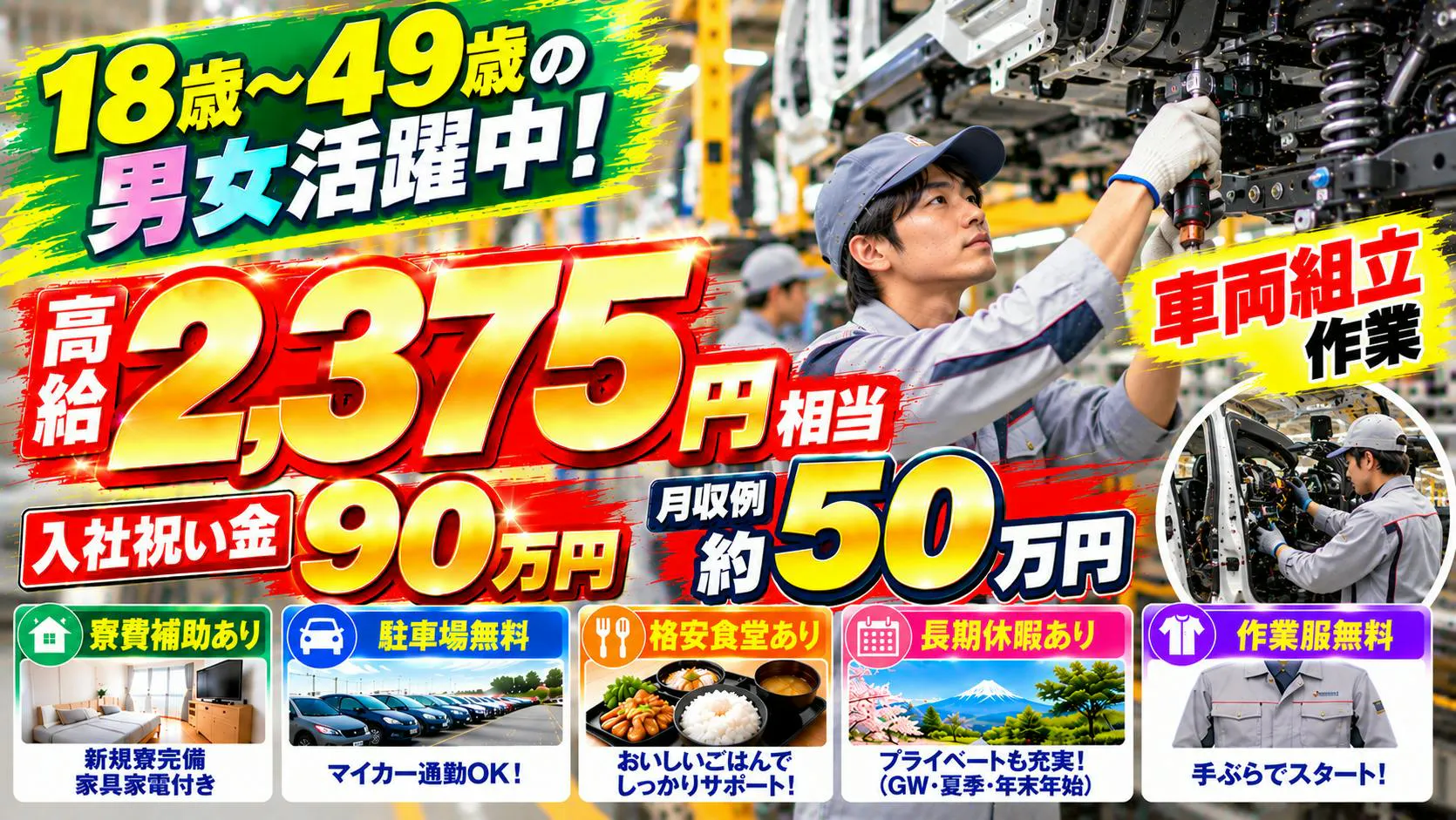 ≪寮完備・月収49.5万円・派遣社員≫自動車系工場での機械操作・...