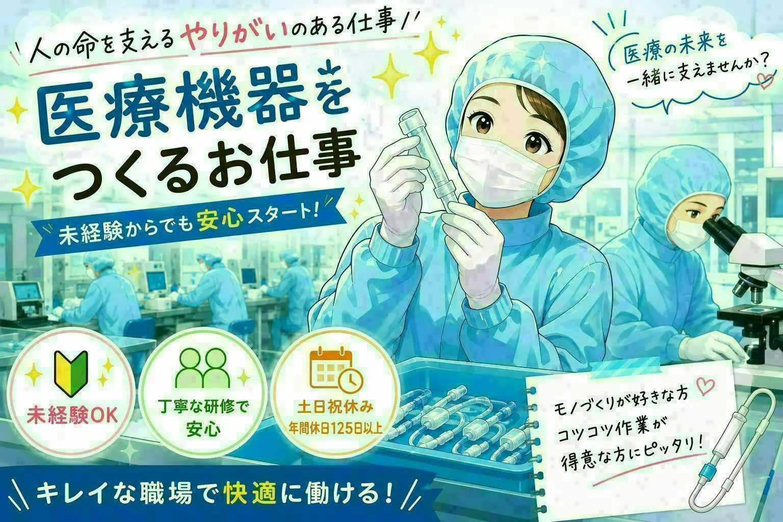 【生活支援キャンペーン最大5万円】医療機器の機械オペレーター・検査／完全週休2日制＆残業少なめ&日勤で働きやすさ◎／女性スタッフ活躍中！／製造初めてでも大丈夫✊！しっかりしたサポートあり！今だとうれしい特典あり♪