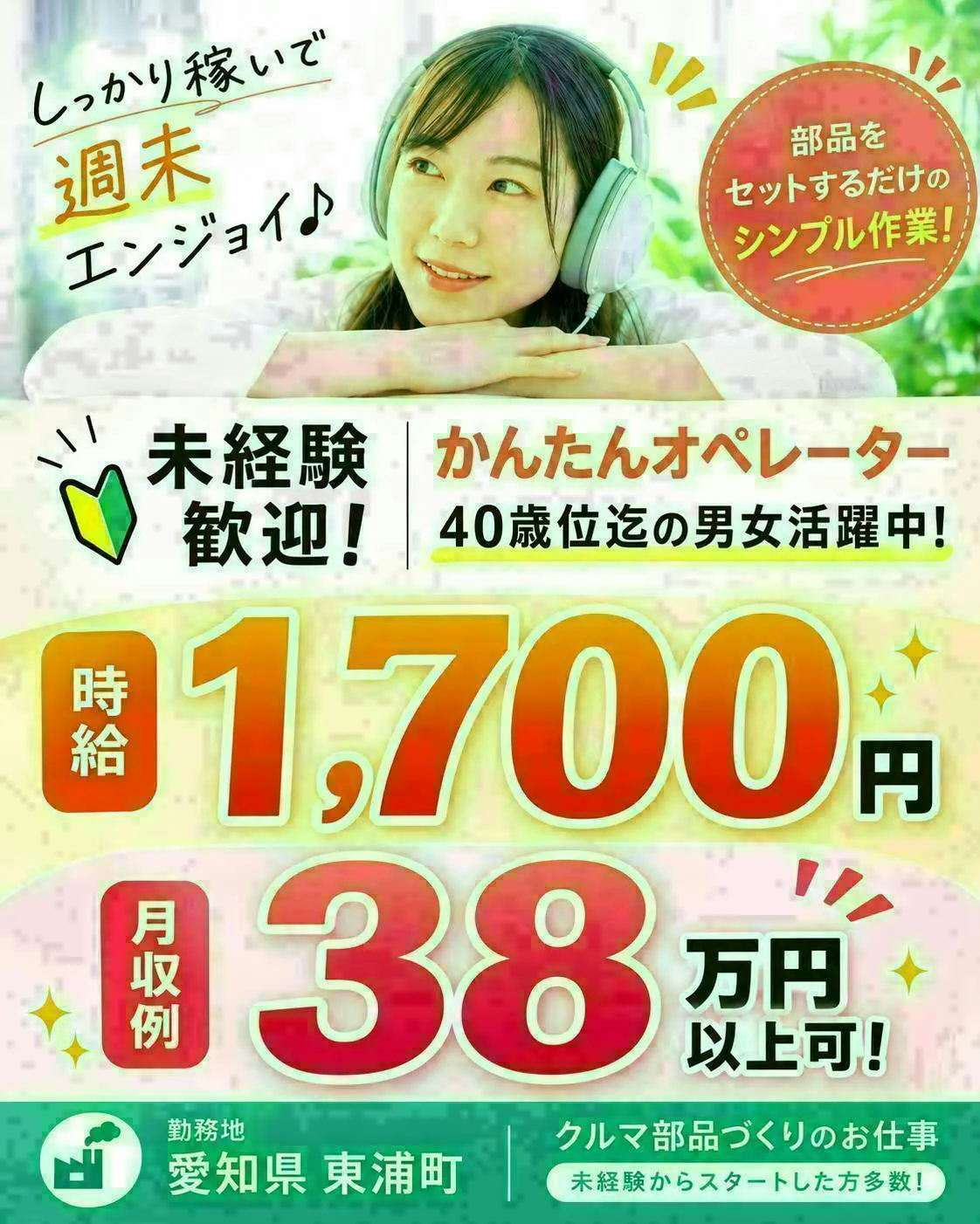【18歳～45歳の男女活躍中！】／通勤者歓迎！！時給1700円・月収38万円以上可！／重いものなし／セットするだけ！かんたん機械オペレーター／愛知県東浦町