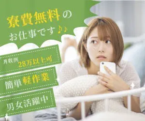 即入社×即入寮×寮費無料　寮費無料でほぼ手取り　空調完備で夏でも快適　スポンジやクッション、ヒモ状の製品の製造工場で簡単な軽作業　工場デビューにも適した現場になります　赴任費支給
