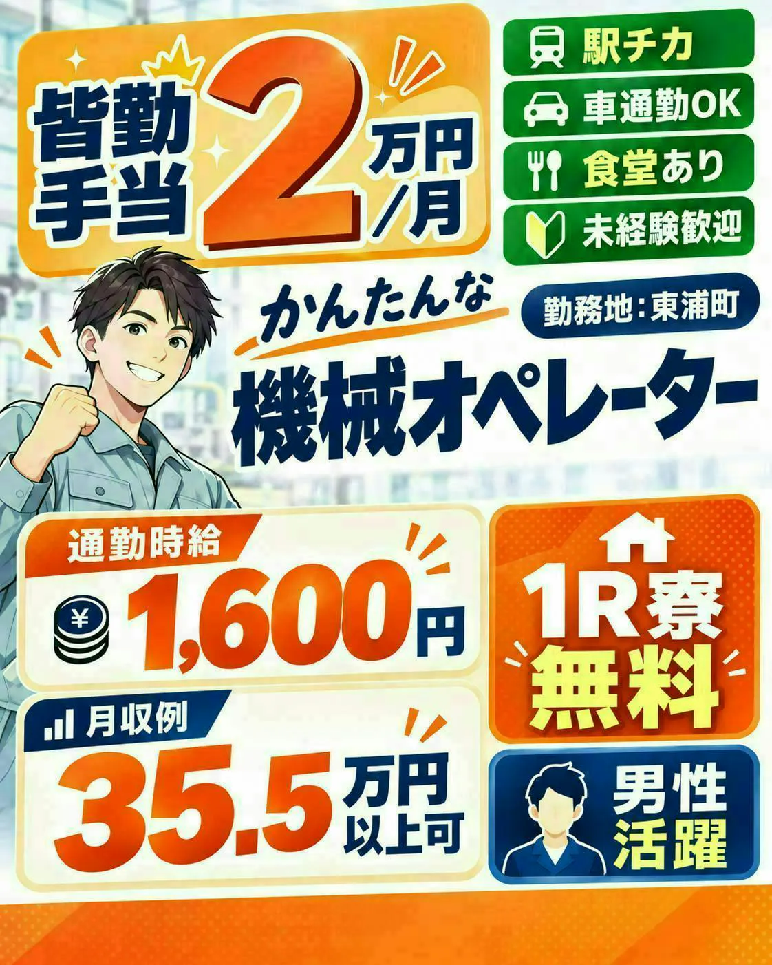 【皆勤手当2万円(規定)】時給1600円！月収35万円以上可！／機械オペ／45歳位迄の男性活躍中！／寮費無料！(規定有)