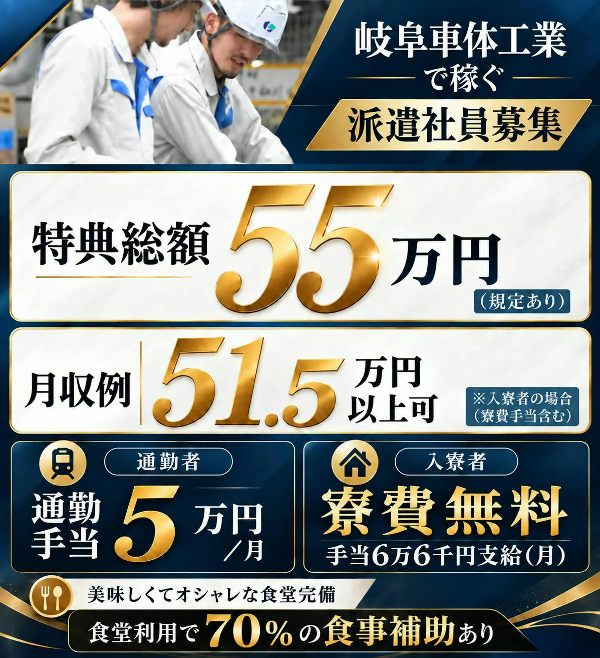 【特典総額55万円】入社3ヶ月後に5万円！6ヶ月後20万円、9か月後10万円、12ヶ月後に20万円もらえる！／高時給1950円！月収51.5万円以上可！／ワンルーム寮完備！寮費無料／20～30代のスタッフ活躍中！／ハイエースなどの車づくり／岐阜県各務原市