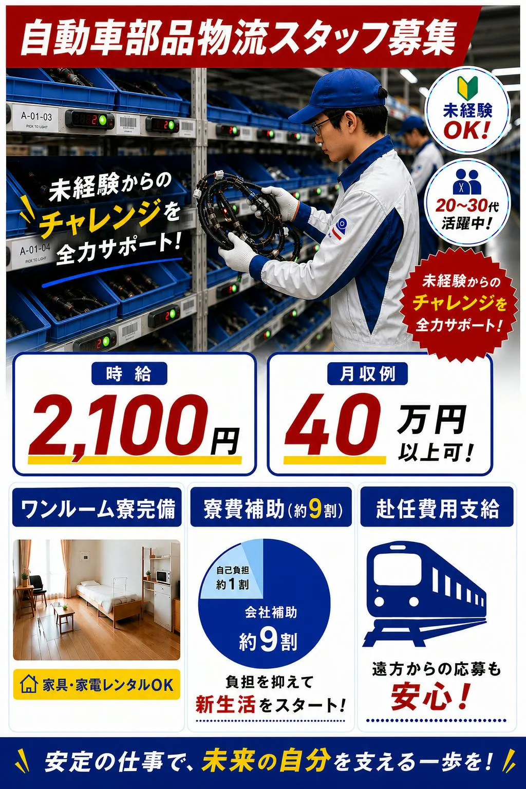 ☆要運転免許☆【20歳～35歳までの男性】　自動車部品の物流／ワンルーム寮完備で充実生活！