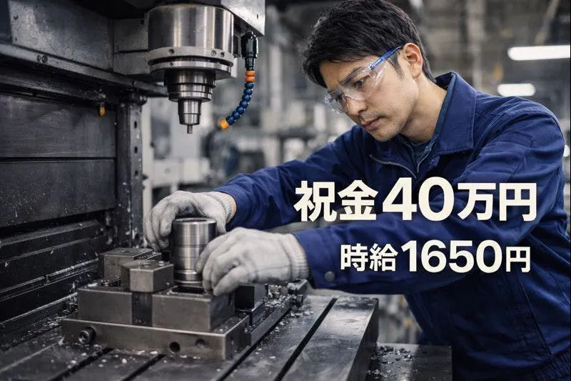 【入社祝金40万円】時給1650円／寮費無料／未経験OK 機械に部品をセットするだけの加工スタッフ（2交替）