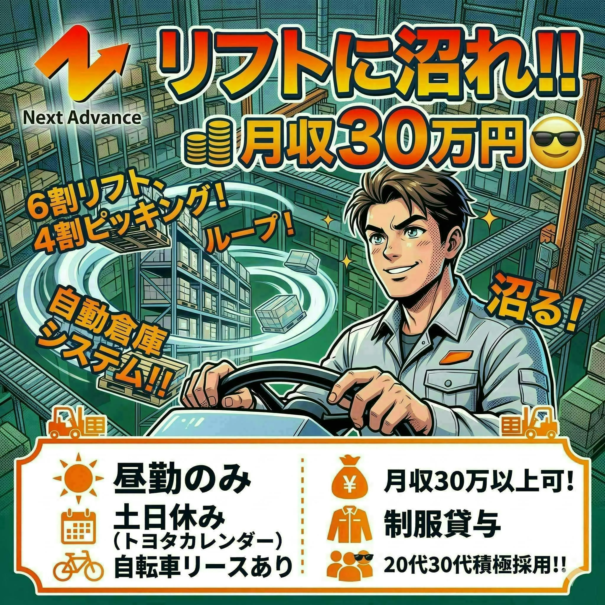 【西尾市】昼勤のみ！／土日休み／リフト×ピッキング／月収35万円以上可能◎／喫煙スペースあり／髪色自由🎵／家具家電付き１R寮アリ／日払い・週払い対応◎／自転車リースもアリ・足がなくても大丈夫！／20代30代が大活躍中！