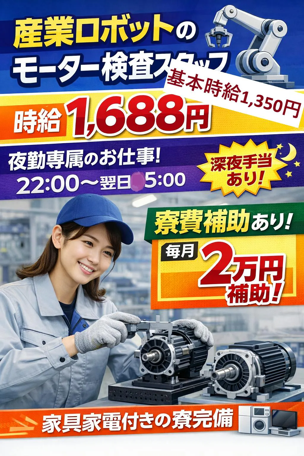 家具家電付き寮＋2万円補助！ロボットモーター検査スタッフ