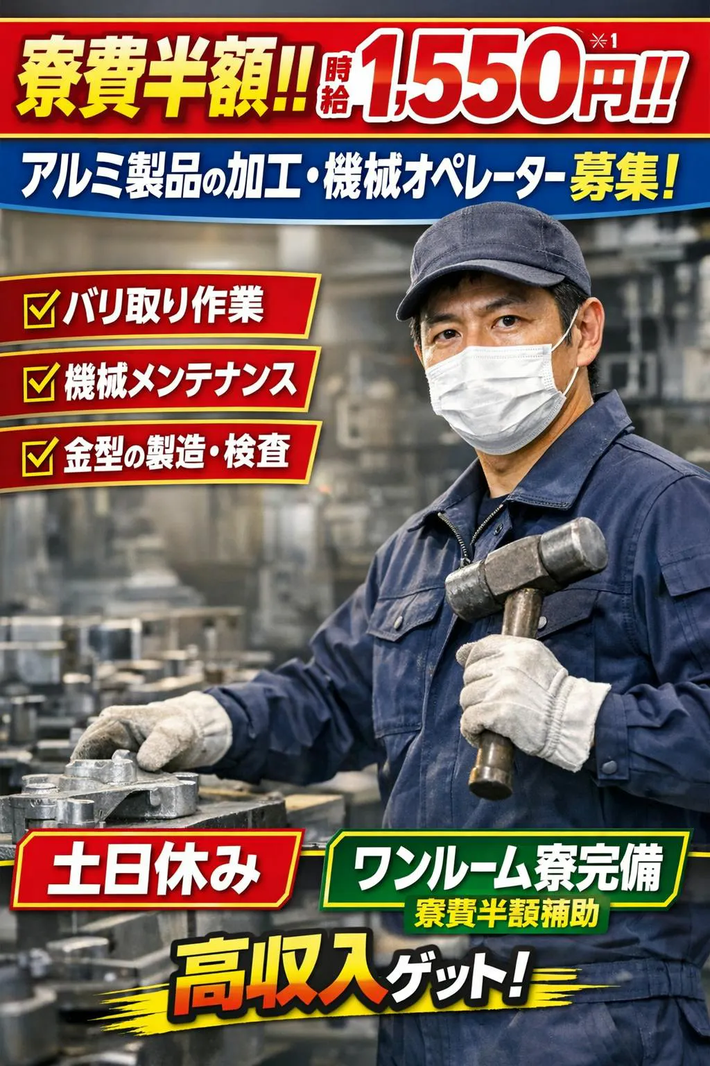 寮費半額補助あり・高時給1,550円！アルミ製品の加工・機械オペレーター／土日休み