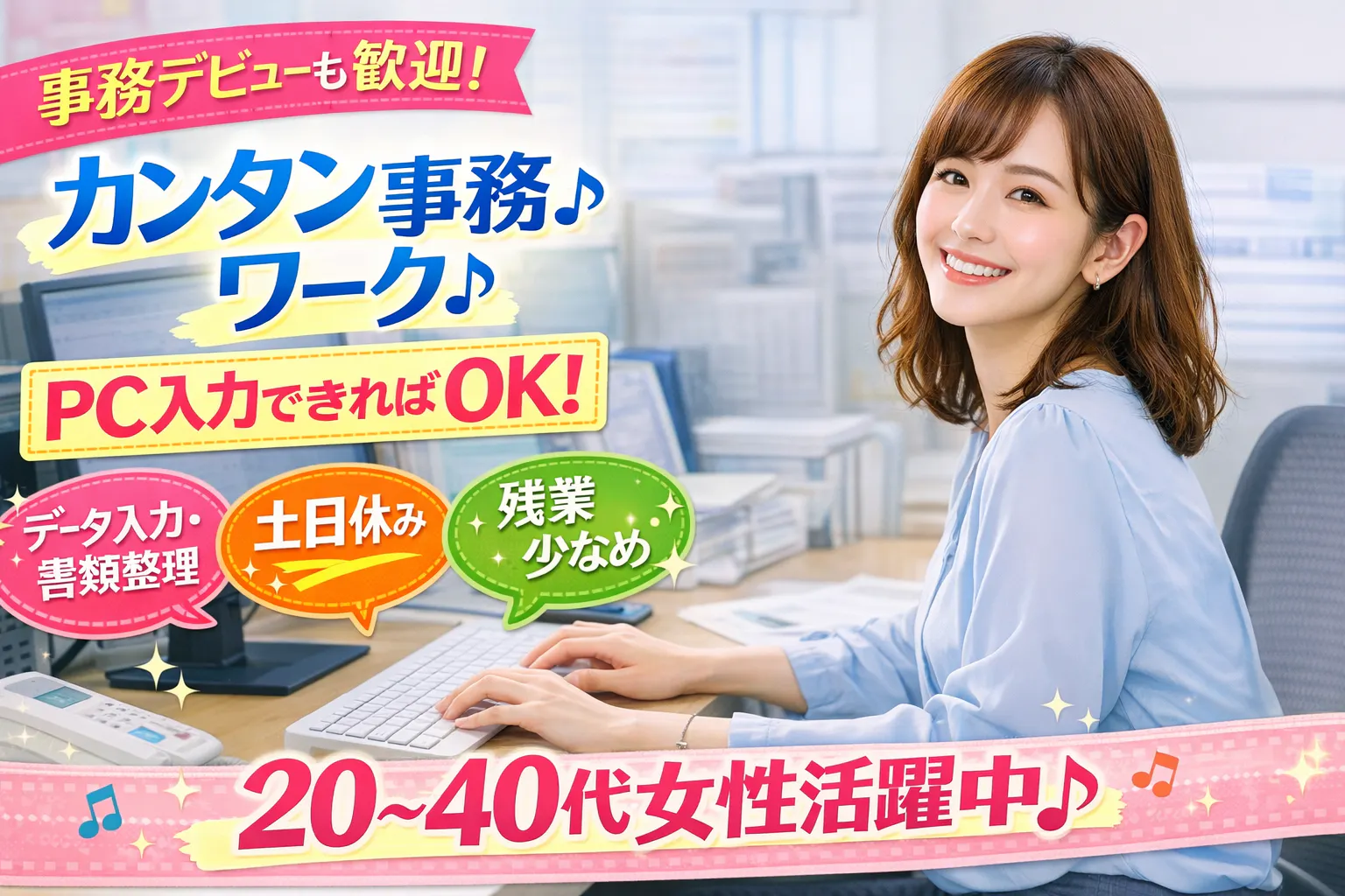 【人気の事務】製造データ入力・書類管理／PC入力できればOK／20～40代女性活躍中