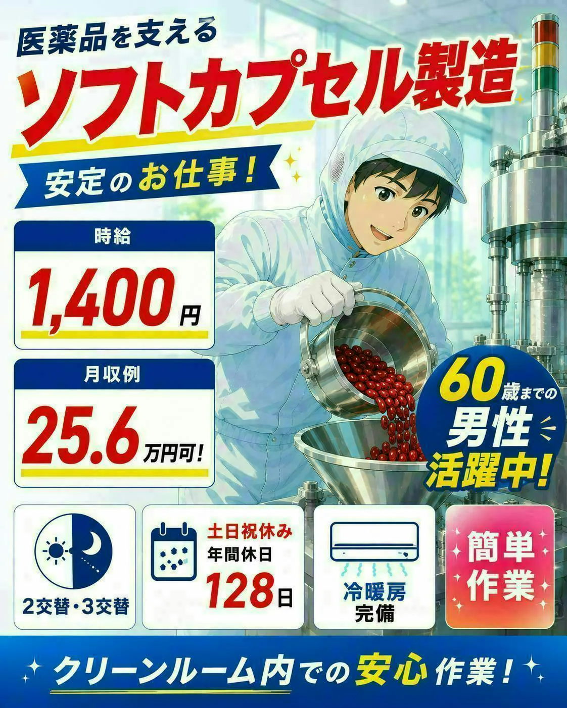 ≪寮完備・月収25.5万円・派遣社員≫製薬化粧品系工場での機械操...
