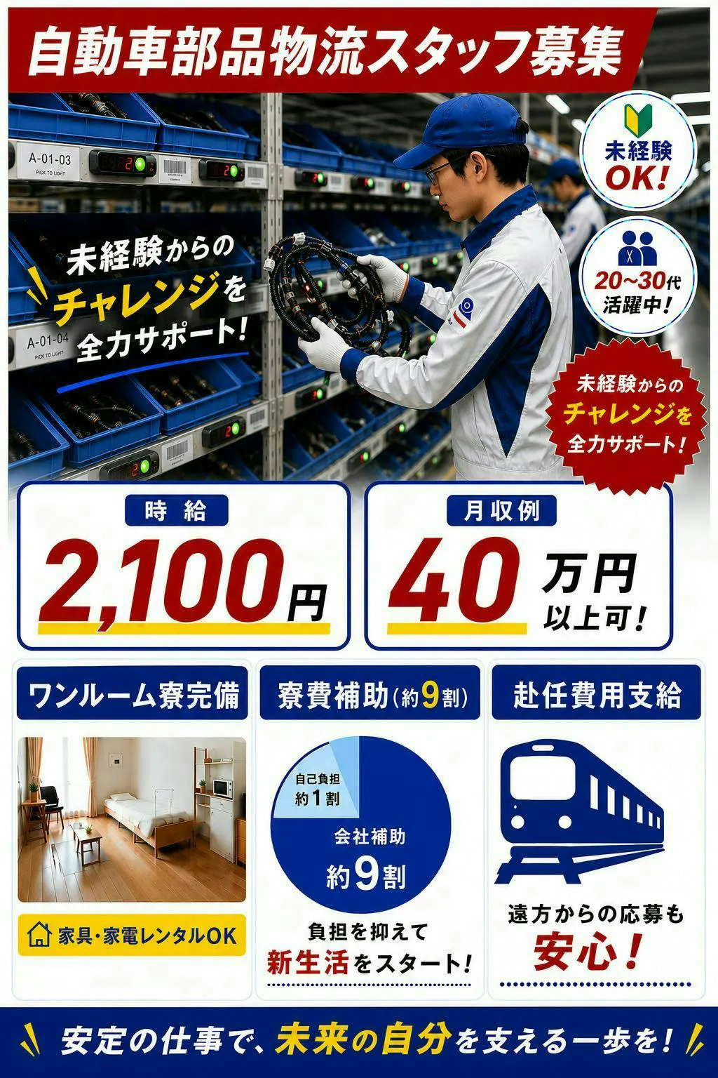 ☆要運転免許☆20歳～35歳迄の男性☆　自動車部品のピッキング／物流　ワンルーム寮完備で高収入安定生活！