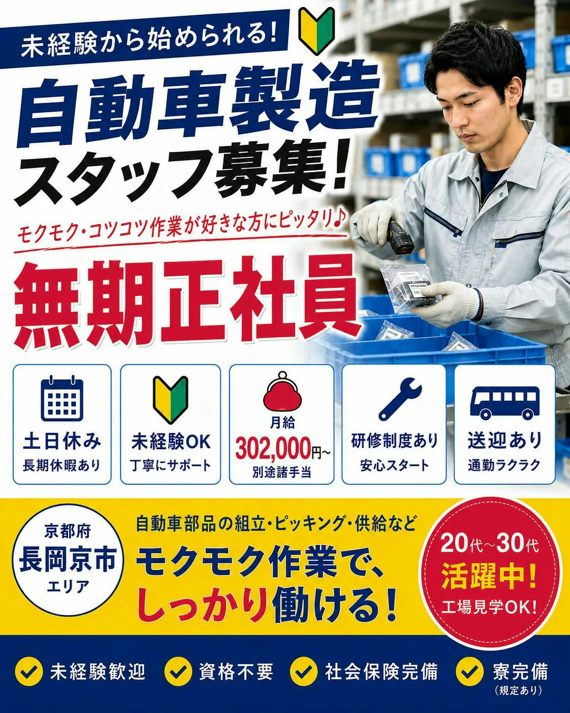 ☆20歳～35歳迄の男性☆　無期正社員／安定の固定給　自動車の組立スタッフ