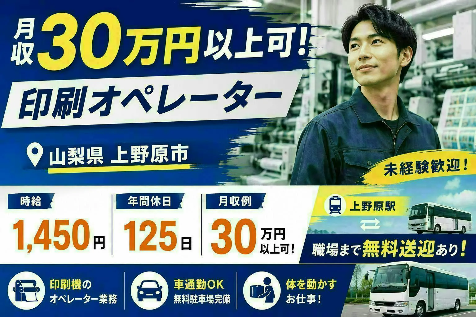 夜勤固定勤務／月収30万円以上も可能／駅からの送迎あり♪／印刷物の製造業務／山梨県上野原市
