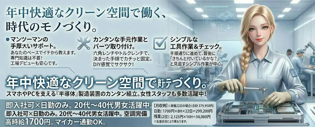即入社可×日勤のみ　女性も多く在籍中　20代～40代の男女活躍中　半導体製品の組付けや検査の軽作業　高時給1700円＋交通費支給　マイカーで自宅通勤のお仕事を探している方