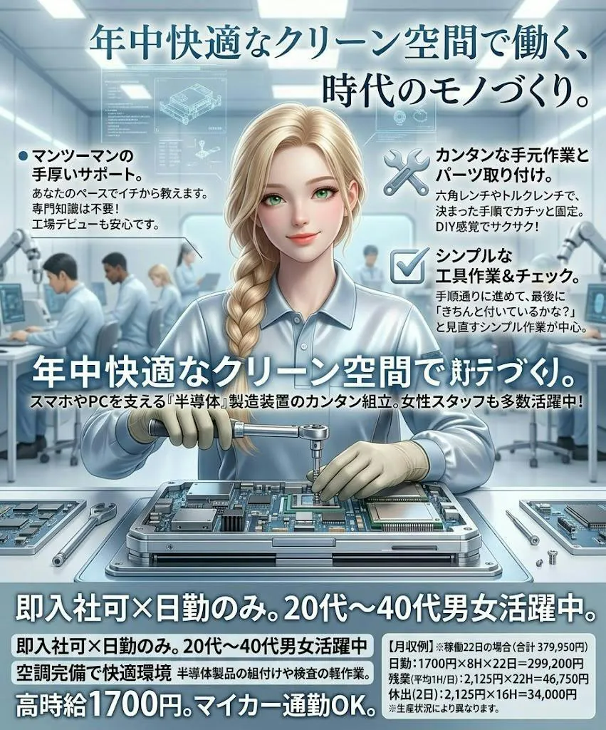 即入社可×日勤のみ　女性も多く在籍中　20代～40代の男女活躍中　半導体製品の組付けや検査の軽作業　高時給1700円＋交通費支給　マイカーで自宅通勤のお仕事を探している方