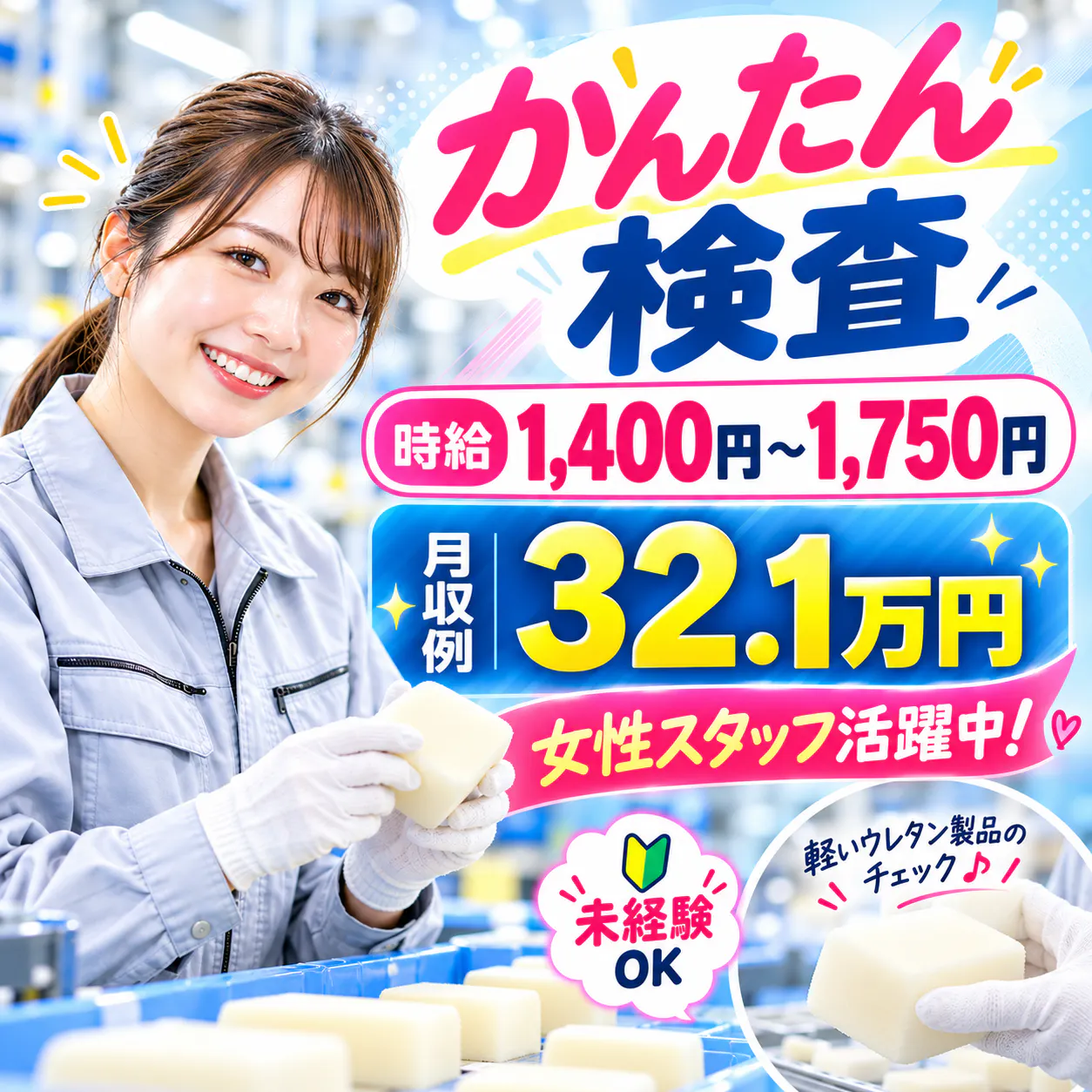かんたん検査で月収32.1万円以上可！／未経験OK♪／ウレタン製品のチェック・手直し／50歳位までの女性活躍中！／土日休み