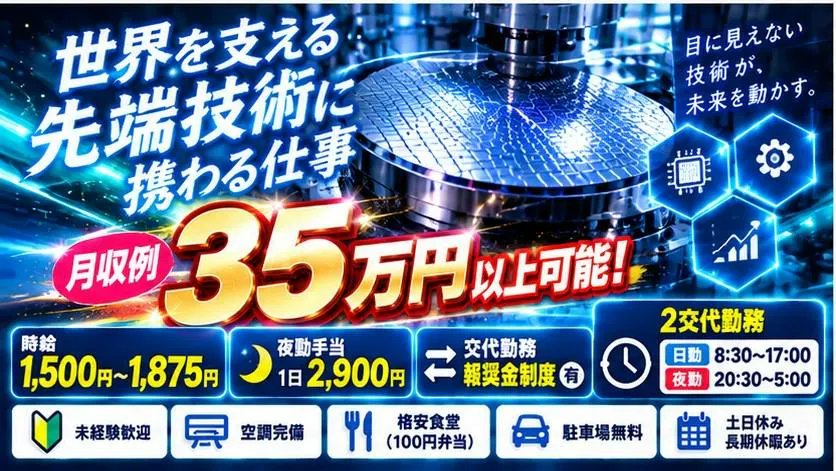 【18歳～49歳の男女活躍中！】【月収35万円以上可能！】時給1500円～1875円！夜勤手当1日2900円＋交替勤務報奨金制度あり！半導体部品の加工