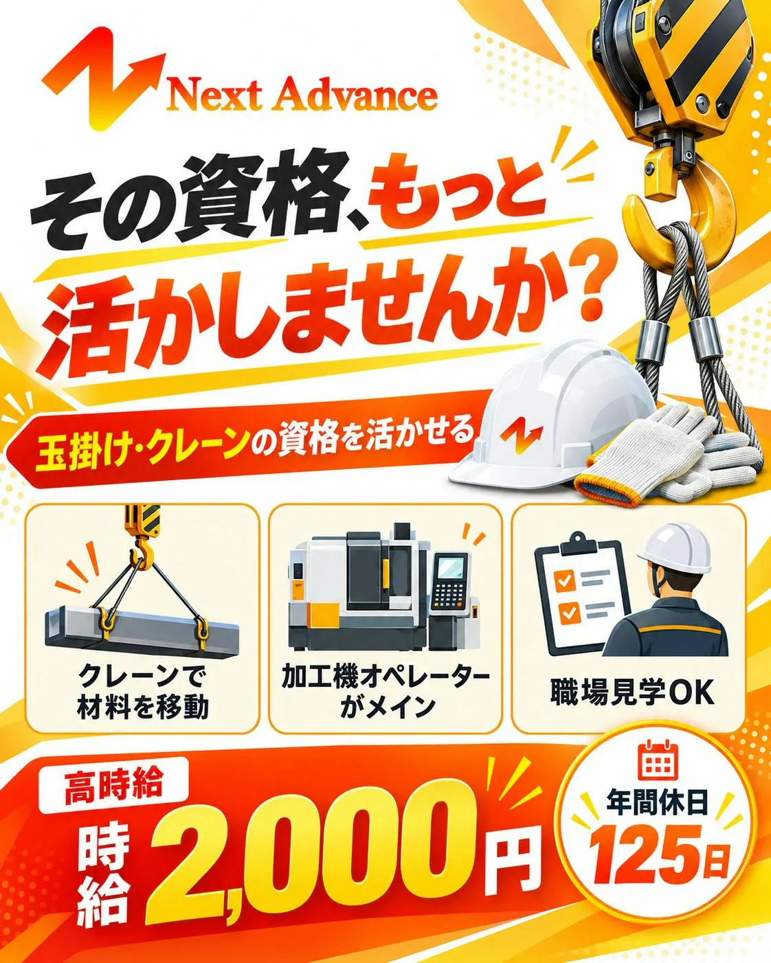 【高時給2,000円】クレーン・玉掛け資格を活かす！鋼材加工の機械オペレーター｜年間休日125日