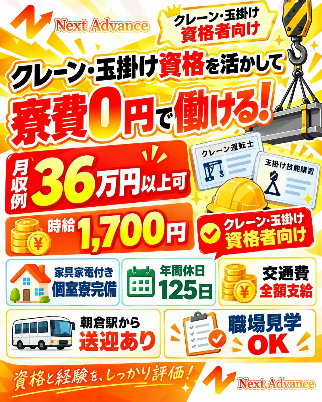 【寮費0円×月収36万円以上可！】家具家電付き個室寮完備！クレーン・玉掛け資格を活かす機械オペレーター