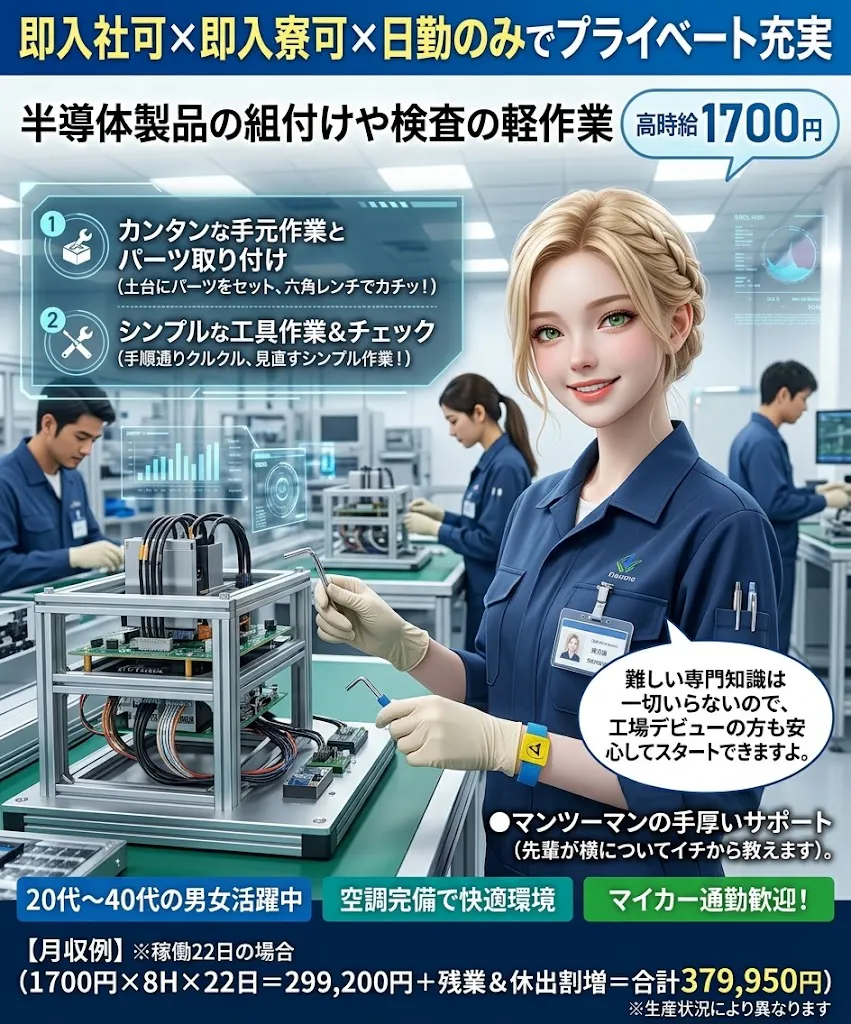 即入社可×即入寮可　女性も多く在籍中　20代～40代の男女活躍中　半導体製品の組付けや検査の簡単ワークの軽作業　未経験の方も無理なく続けられる現場　赴任費用支給