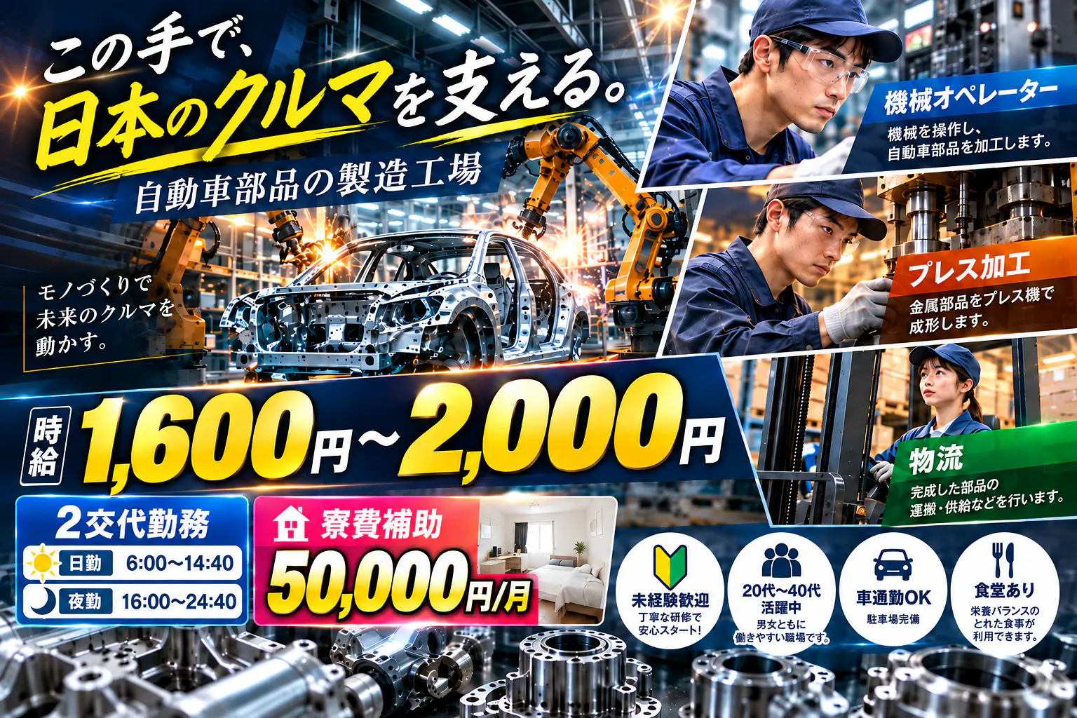 【18歳～49歳の男女活躍中！】【11月中旬からの新求人！！】高時給1,600円×寮費補助あり！2交替勤務でしっかり稼げる自動車部品の製造スタッフ募集！