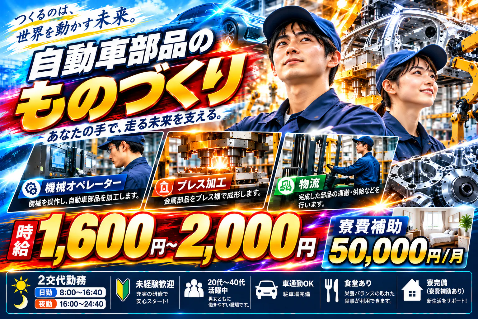 【18歳～49歳の男女活躍中！】【11月中旬からの新求人！】月収36万円以上も可能！時給1,600円～2,000円×寮費補助最大5万円！2交替でしっかり稼げる製造スタッフ！