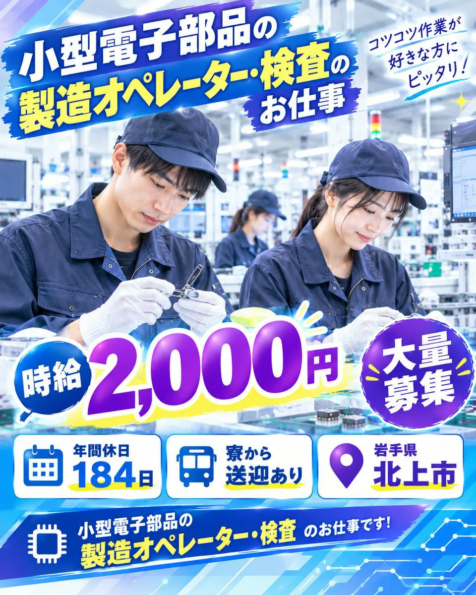 ★今なら！時給2,000円★通勤らくらく無料送迎有♪　小型電子部品の製造・検査　★月の約半分がお休みで高月収‼　20～40代の男女活躍中♪　★昇給・賞与・退職金制度有。
