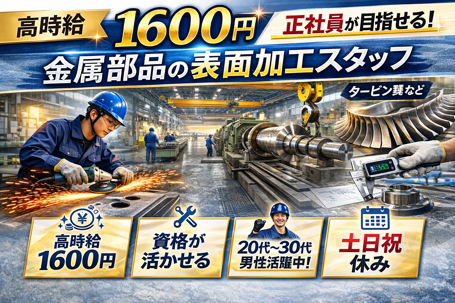 高時給1600円！！【金属部品の表面加工業務】資格を活かせる！20代～30代男性活躍中／社員登用あり／土日祝休み
